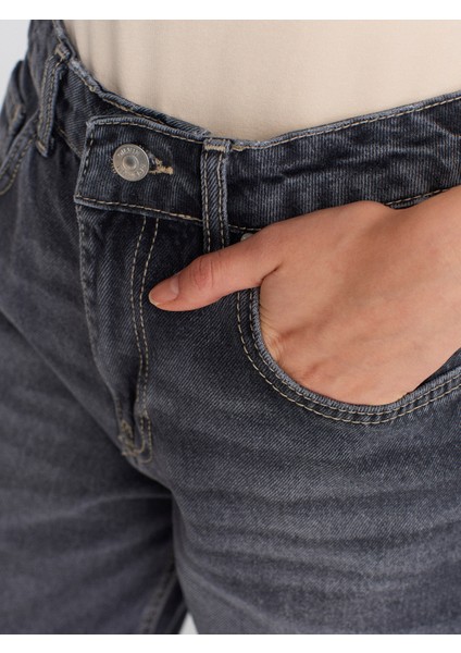 71794 Taşlanmış Wideleg Denim Pantolon-Antrasit