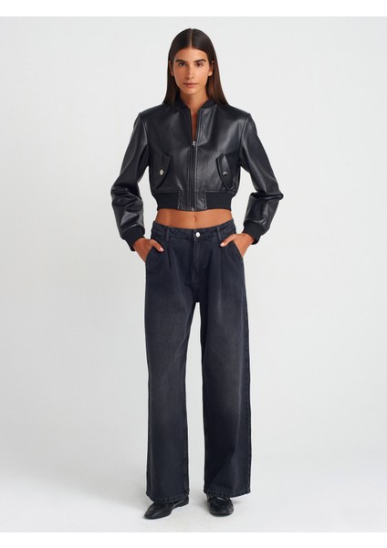 71733 Pileli Geniş Denim Pantolon-Siyah