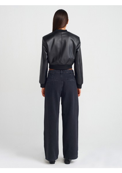 71733 Pileli Geniş Denim Pantolon-Siyah