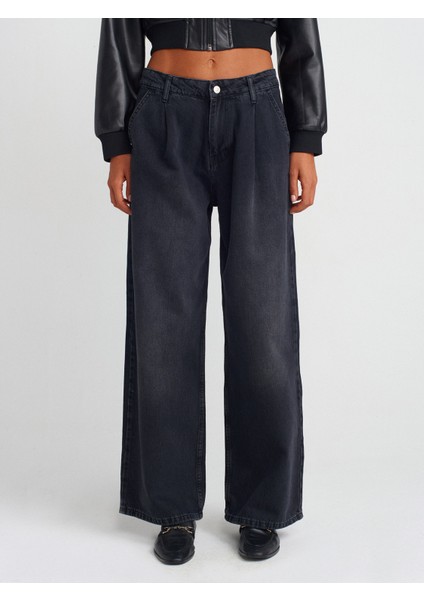 71733 Pileli Geniş Denim Pantolon-Siyah