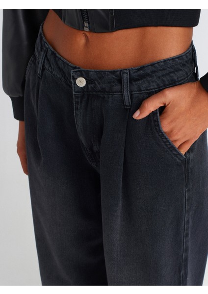 71733 Pileli Geniş Denim Pantolon-Siyah