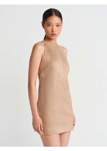 90909 Askılı Kısa Süet Elbise-Bej