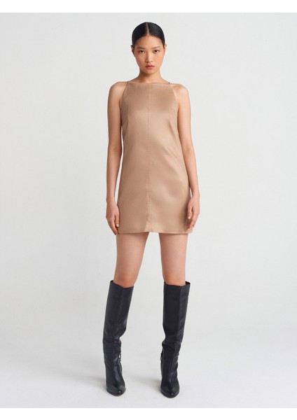 90909 Askılı Kısa Süet Elbise-Bej modelleri