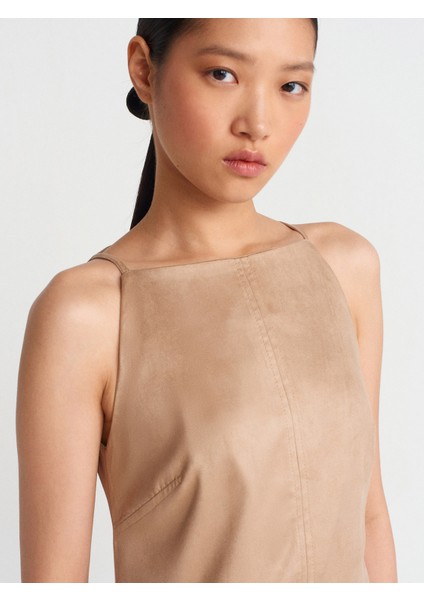 90909 Askılı Kısa Süet Elbise-Bej fırsatları