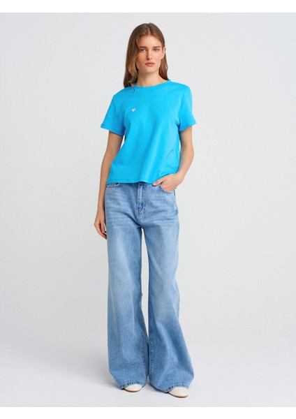 30584 Bisiklet Yaka Pamuklu T-Shirt-Turkuaz modelleri