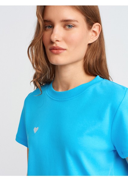 30584 Bisiklet Yaka Pamuklu T-Shirt-Turkuaz fırsatları