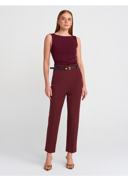 71614 Kemerli Yüksek Bel Pantolon-Bordo
