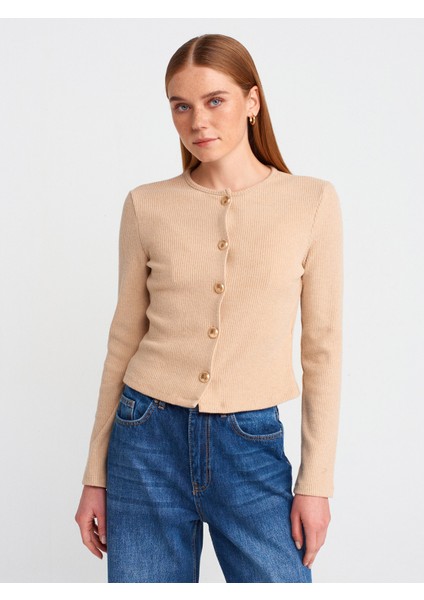 60424 Düğme Detaylı Uzun Kollu Hırka-Bej