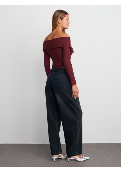 71732 Arkası Kuşaklı Balon Denim Pantolon-Siyah
