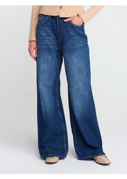 71784 Dökümlü Kumaş Geniş Denim Pantolon-Lacivert modelleri