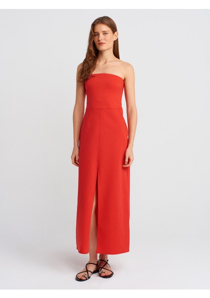 90758 Straplez Elbise-Kırmızı