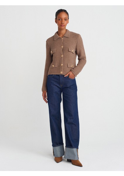 71758 Paçası Kıvrık Simli Wide Leg Denim Pantolon-Lacivert