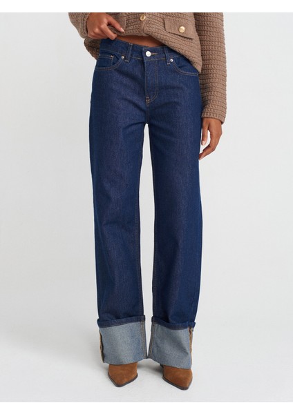 71758 Paçası Kıvrık Simli Wide Leg Denim Pantolon-Lacivert