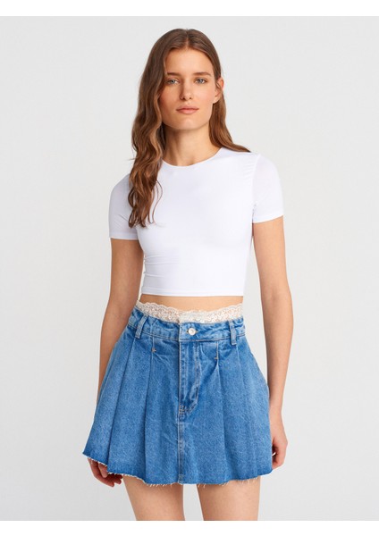 31175 Bisiklet Yaka Crop Top-Beyaz