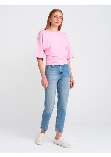 71779 Lazer Yıkama Likralı Denim Mom Pantolon-Mavi