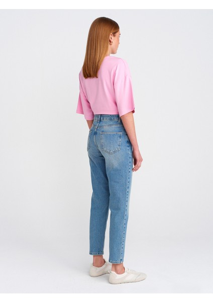 71779 Lazer Yıkama Likralı Denim Mom Pantolon-Mavi fiyatları