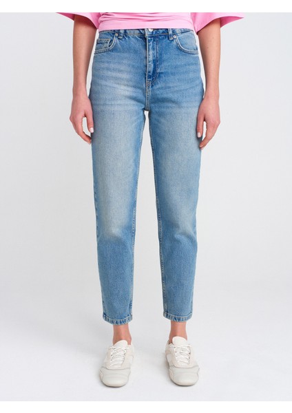 71779 Lazer Yıkama Likralı Denim Mom Pantolon-Mavi modelleri