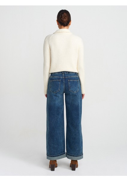 71743 Paçası Kıvrık Geniş Kesim Denim Pantolon-Mavi fiyatları