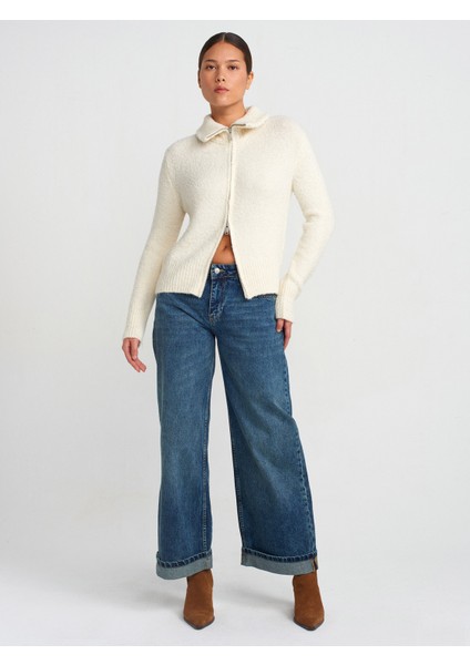 71743 Paçası Kıvrık Geniş Kesim Denim Pantolon-Mavi