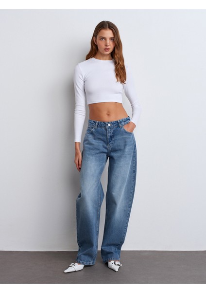 71766 Kendinden Tintli Baggy Denim Pantolon-Mavi