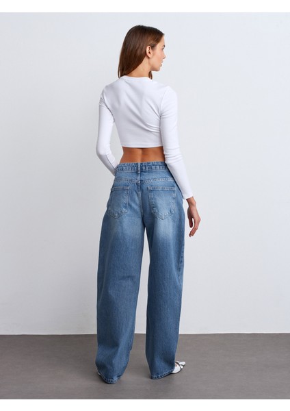 71766 Kendinden Tintli Baggy Denim Pantolon-Mavi