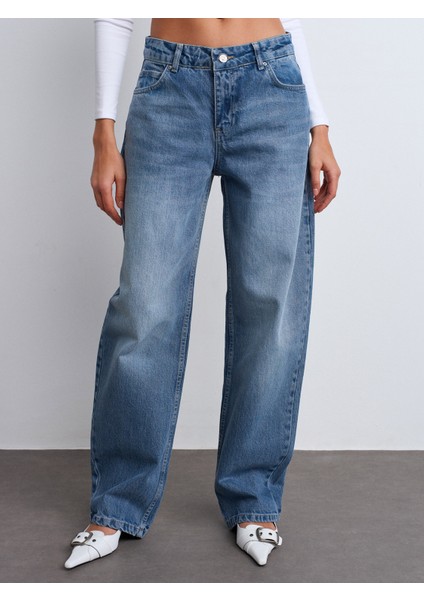 71766 Kendinden Tintli Baggy Denim Pantolon-Mavi