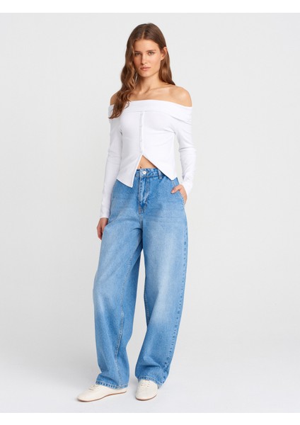 71795 Taşlanmış Balon Denim Pantolon-Mavi