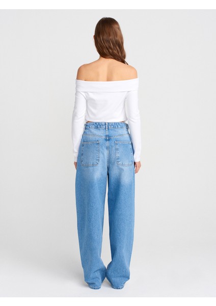 71795 Taşlanmış Balon Denim Pantolon-Mavi fiyatları