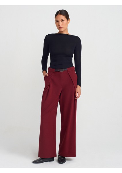 71577 Kemerli ve Pilili Pantolon-Bordo