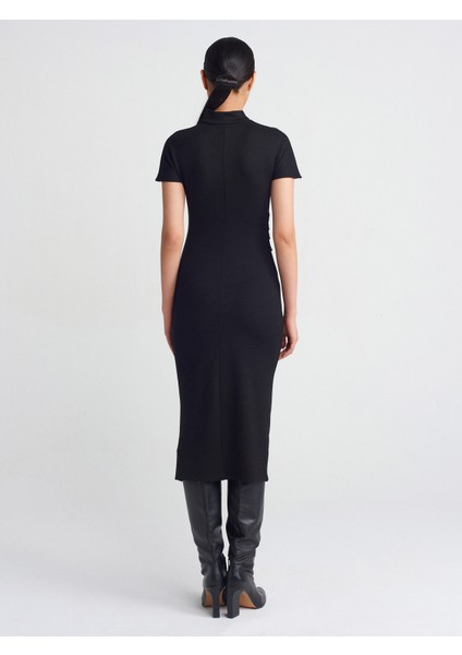 91297 Streç Örme Midi Elbise-Siyah