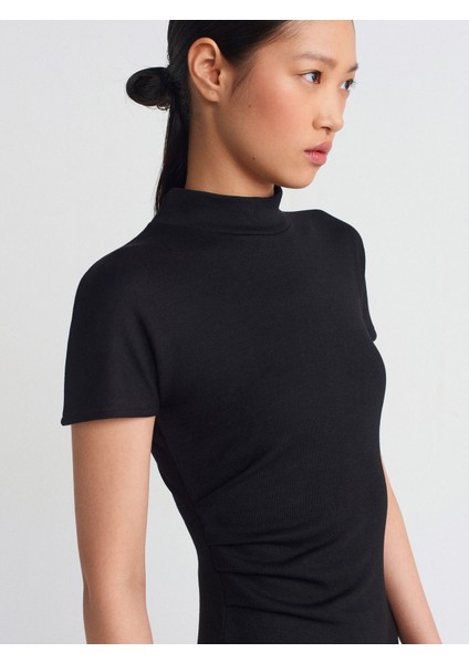 91297 Streç Örme Midi Elbise-Siyah