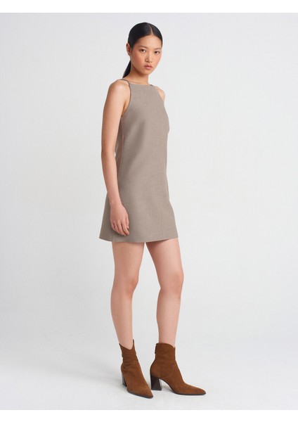 90901 Askılı Kısa Elbise-Camel