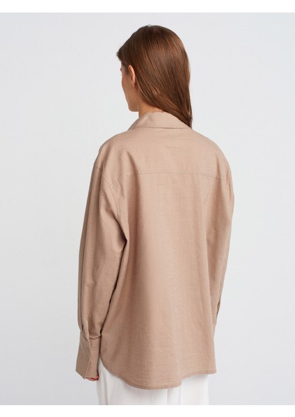 50497 Uzun Kollu Oversize Keten Gömlek-Vizon fiyatları