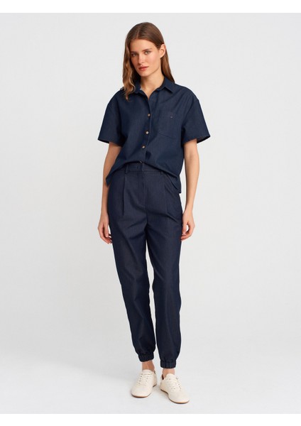 71630 Yüksek Bel Paça Lastikli Pantolon-Lacivert