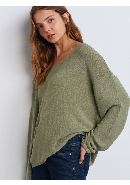 10706 Oval Yaka Yumuşak Dokulu Triko Kazak-Açık Haki