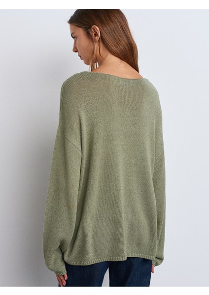 10706 Oval Yaka Yumuşak Dokulu Triko Kazak-Açık Haki fiyatları