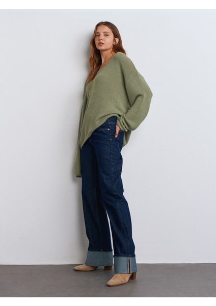 10706 Oval Yaka Yumuşak Dokulu Triko Kazak-Açık Haki modelleri