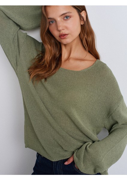 10706 Oval Yaka Yumuşak Dokulu Triko Kazak-Açık Haki indirimleri