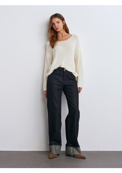 10706 Oval Yaka Yumuşak Dokulu Triko Kazak-Ekru modelleri