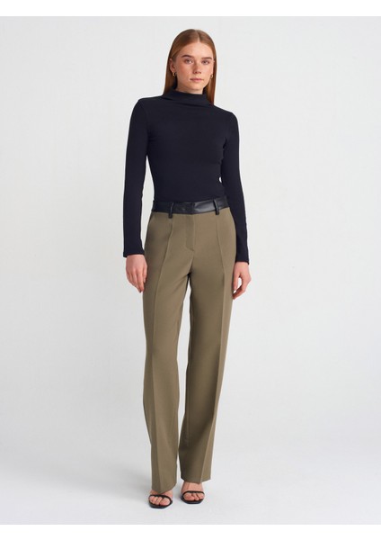 71603 Suni Deri Detaylı Pantolon-Yeşil