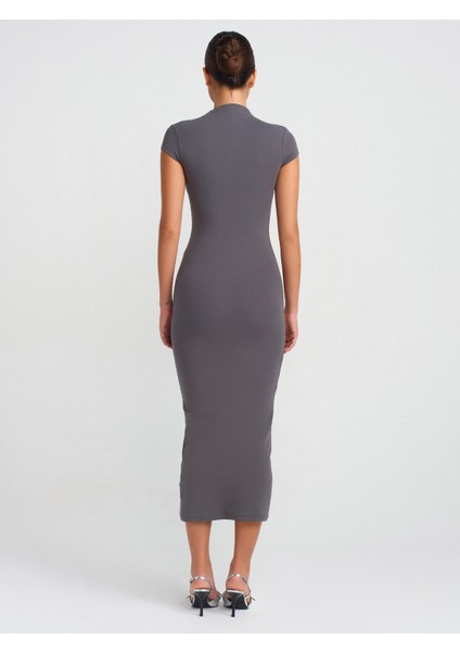 91296 Dik Yaka Midi Elbise-Füme fiyatları