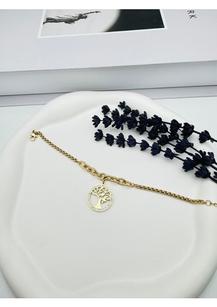 Hayat Ağacı Detaylı Topçuklu Çelik Bileklik (Gold) Blk 259