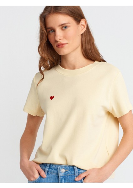 30584 Bisiklet Yaka Pamuklu T-Shirt-Açık Sarı modelleri