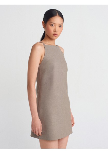 90901 Askılı Kısa Elbise-Camel