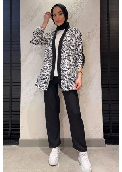Desenli Kol Kemer Detaylı Kimono Bluz Pantolon Tesettür Üçlü Takım
