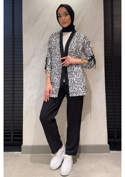 Desenli Kol Kemer Detaylı Kimono Bluz Pantolon Tesettür Üçlü Takım fiyatları