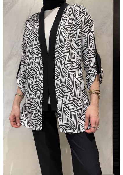 Desenli Kol Kemer Detaylı Kimono Bluz Pantolon Tesettür Üçlü Takım modelleri