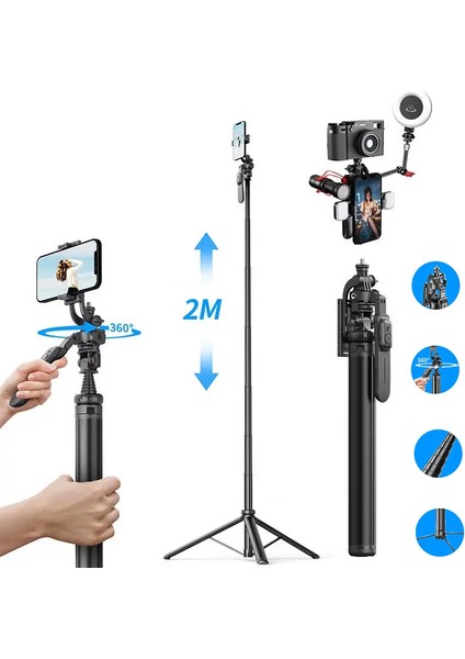 Kumandalı Ayarlanabilir Çok Fonksiyonlu Selfie Çubuğu 2 mt Uzayabilen Teleskobik Tripod