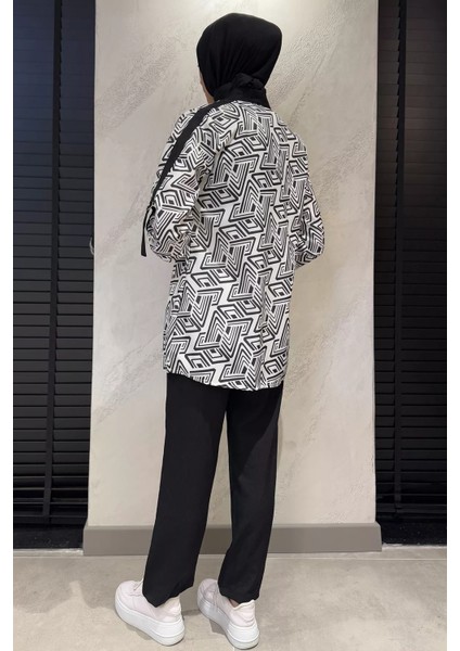 Desenli Kol Kemer Detaylı Kimono Bluz Pantolon Tesettür Üçlü Takım fırsatları