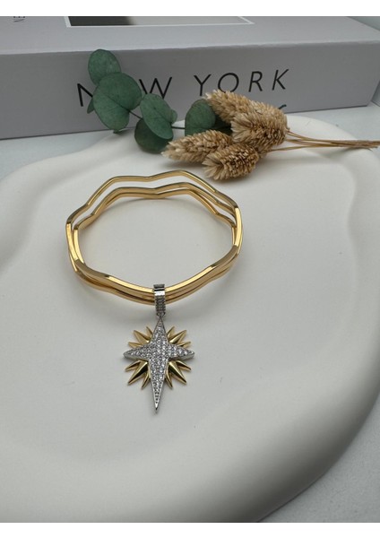Charmlı Zigzag Ajda Çelik Bilezik (Gold) 22054
